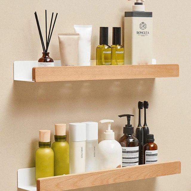 Solid Wood Bathroom Shelf – No-Drill Wall-Mounted Bathroom Organiser