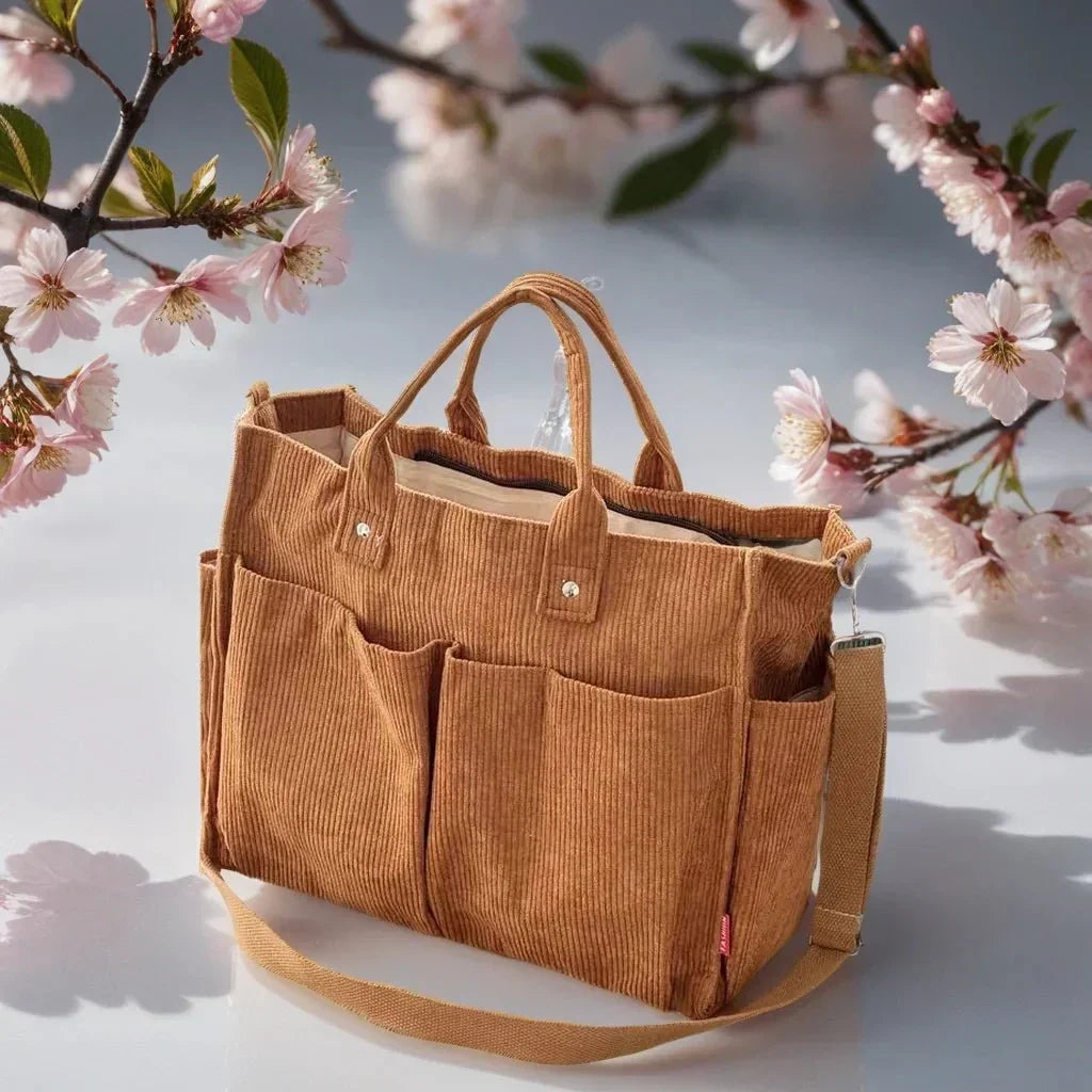 Spacious and Durable Women's Corduroy Shoulder Bag for School and Work