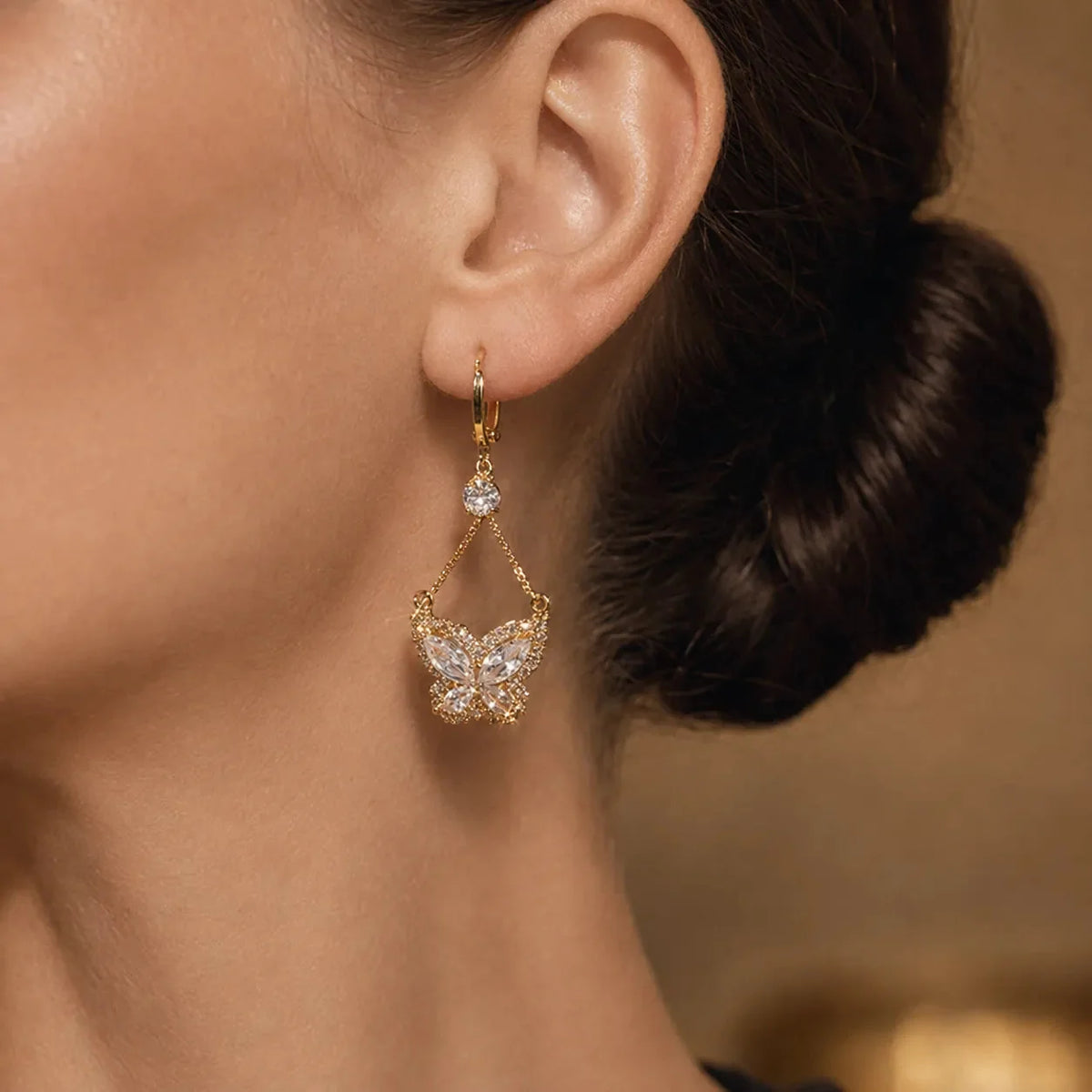 Sparkling Gold-Tone Cubic Zirconia Butterfly Drop Earrings