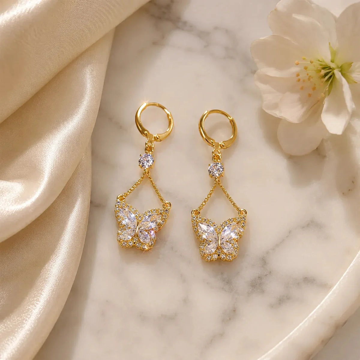 Sparkling Gold-Tone Cubic Zirconia Butterfly Drop Earrings
