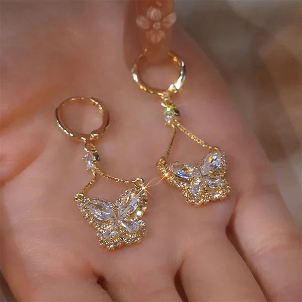 Sparkling Gold-Tone Cubic Zirconia Butterfly Drop Earrings