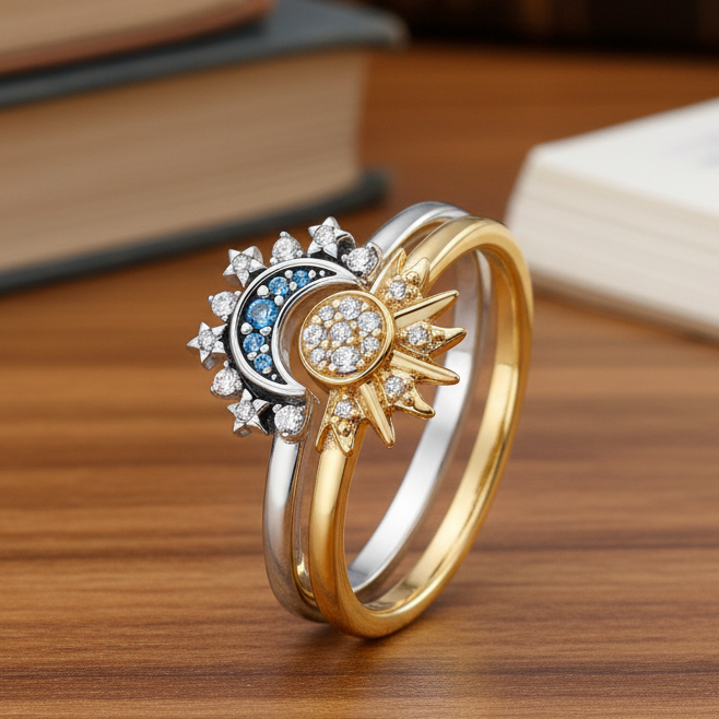 Sparkling Silver Crystal Ring - 925 Silver Ring with Moon & Sun Design