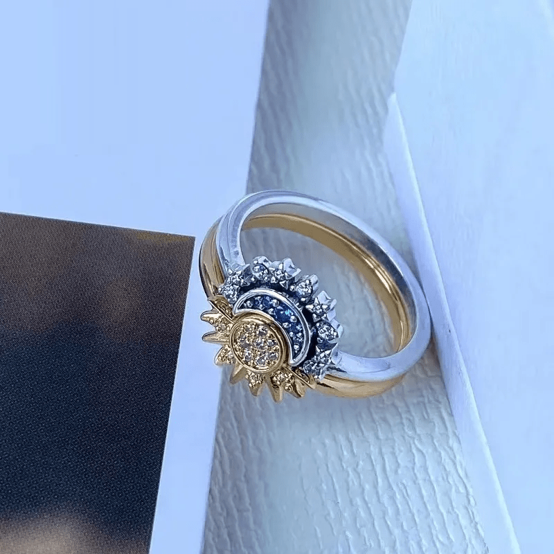 Sparkling Silver Crystal Ring - 925 Silver Ring with Moon & Sun Design