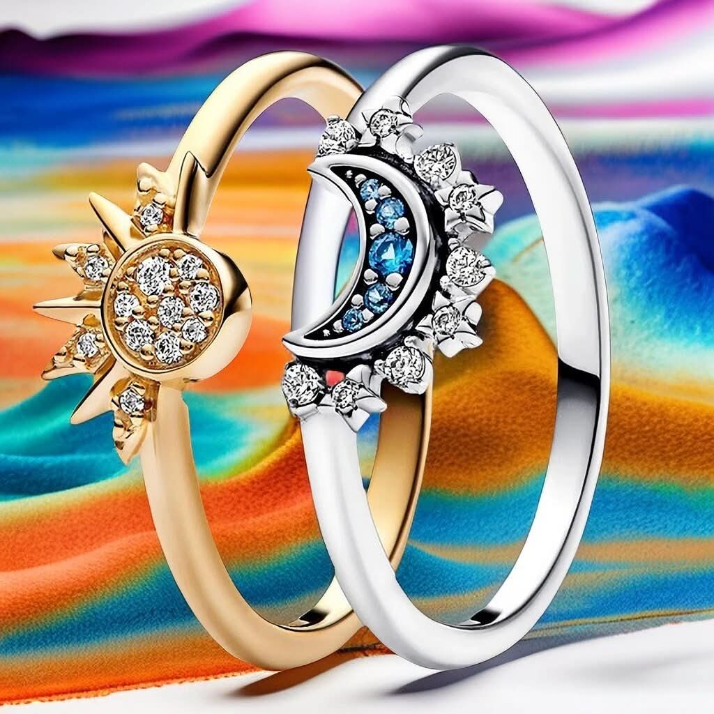 Sparkling Silver Crystal Ring - 925 Silver Ring with Moon & Sun Design