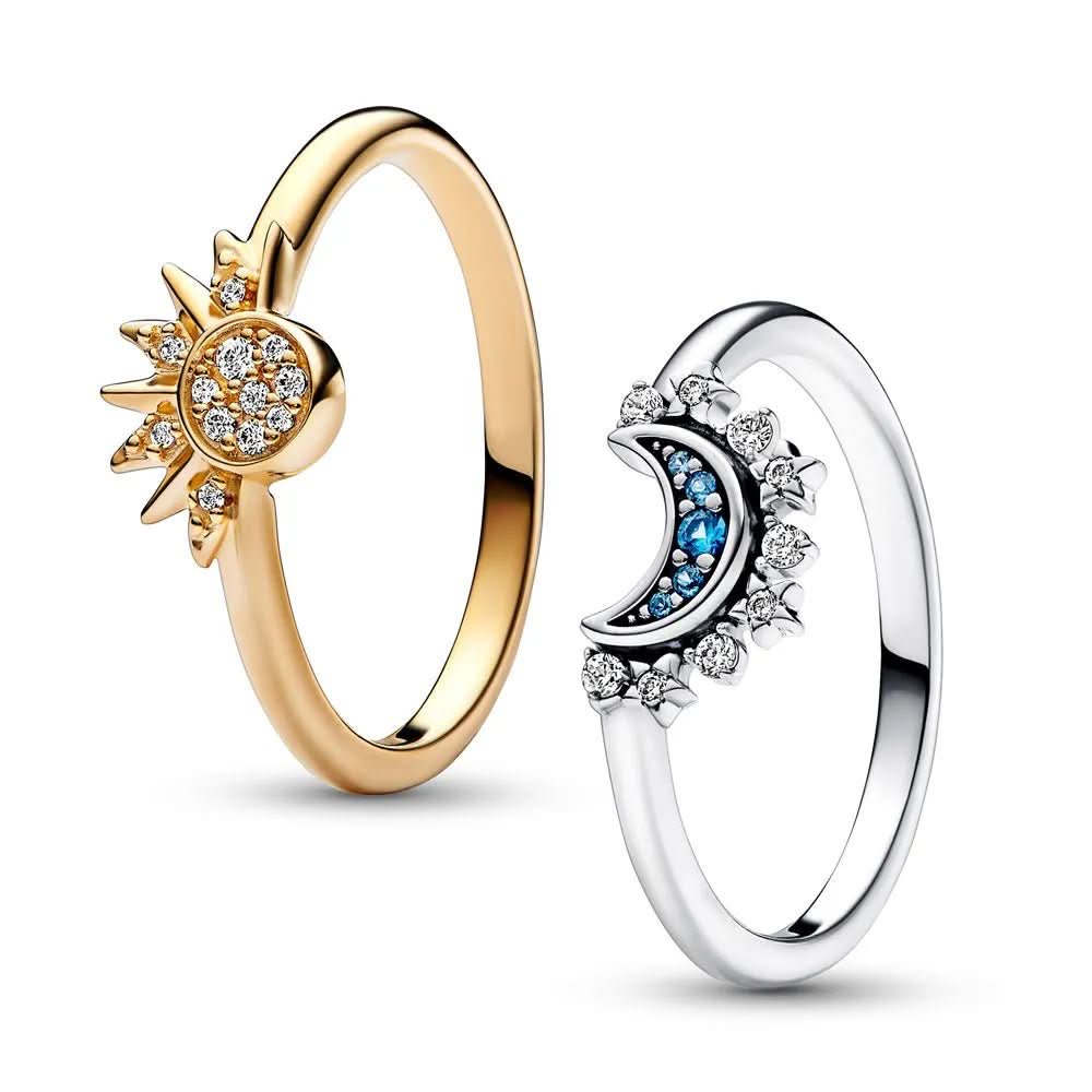 Sparkling Silver Crystal Ring - 925 Silver Ring with Moon & Sun Design