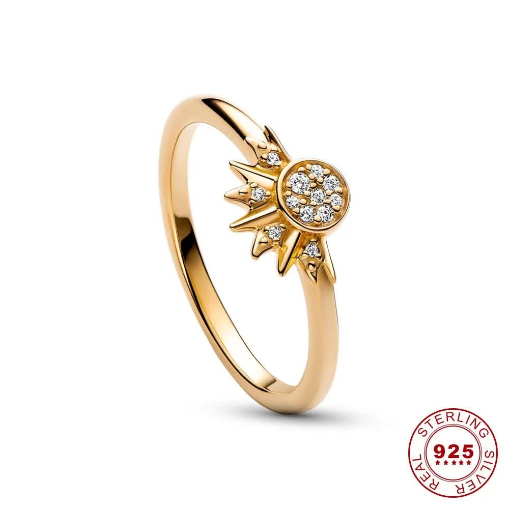 Sparkling Silver Crystal Ring - 925 Silver Ring with Moon & Sun Design