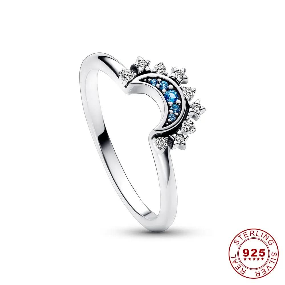 Sparkling Silver Crystal Ring - 925 Silver Ring with Moon & Sun Design