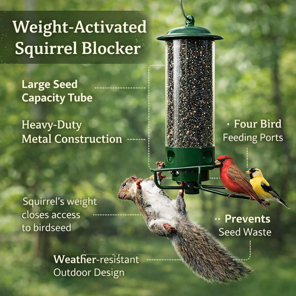 Squirrel-Proof Metal Hanging Tube Bird Feeder for Garden and Outdoor Use