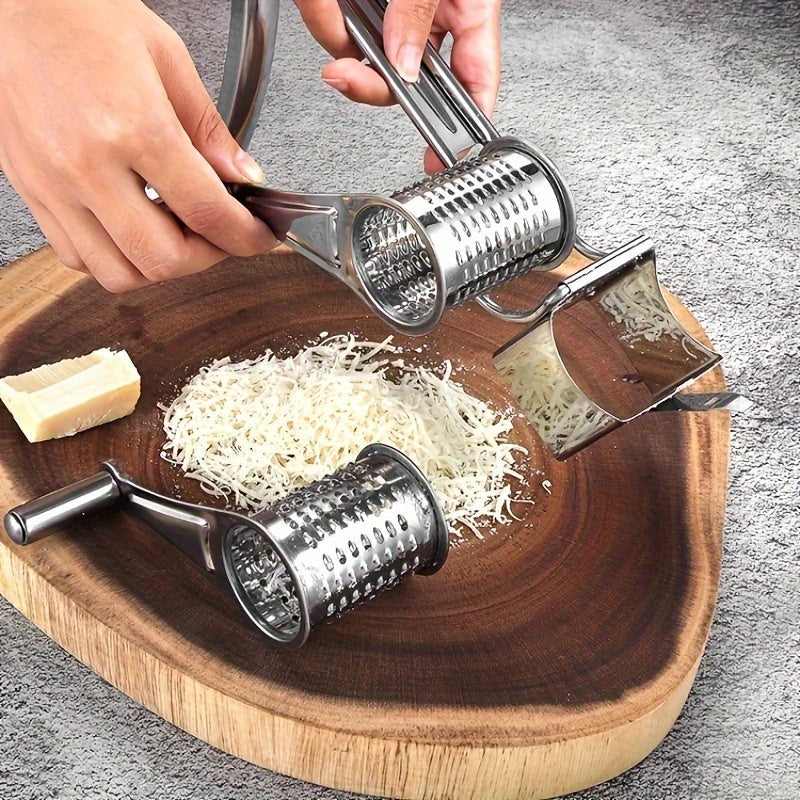Stainless Steel Cheese Grater – Manual Rotary Design with 3 Interchangeable Drum Blades