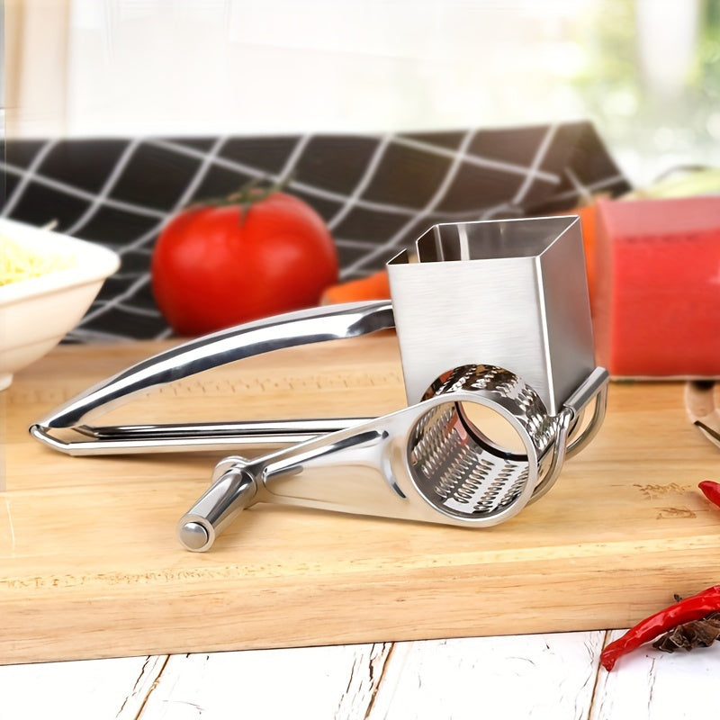 Stainless Steel Cheese Grater – Manual Rotary Design with 3 Interchangeable Drum Blades