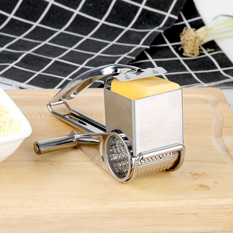 Stainless Steel Cheese Grater – Manual Rotary Design with 3 Interchangeable Drum Blades