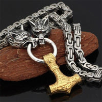 Stainless Steel Double Wolf Head & Mjolnir Survival Spirit Necklace or Bracelet