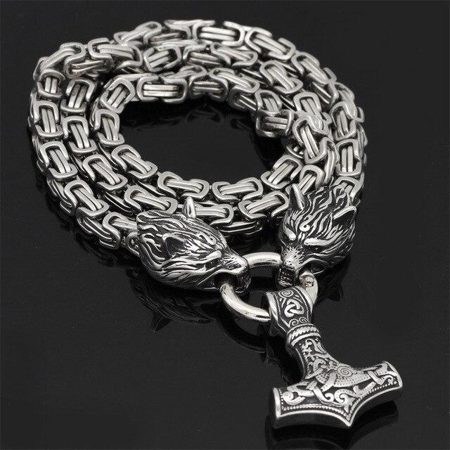 Stainless Steel Double Wolf Head & Mjolnir Survival Spirit Necklace or Bracelet