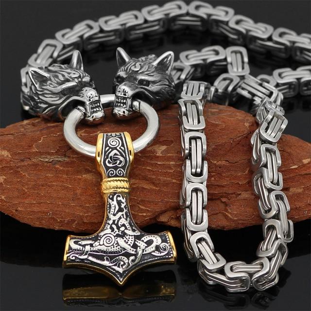 Stainless Steel Double Wolf Head & Mjolnir Survival Spirit Necklace or Bracelet
