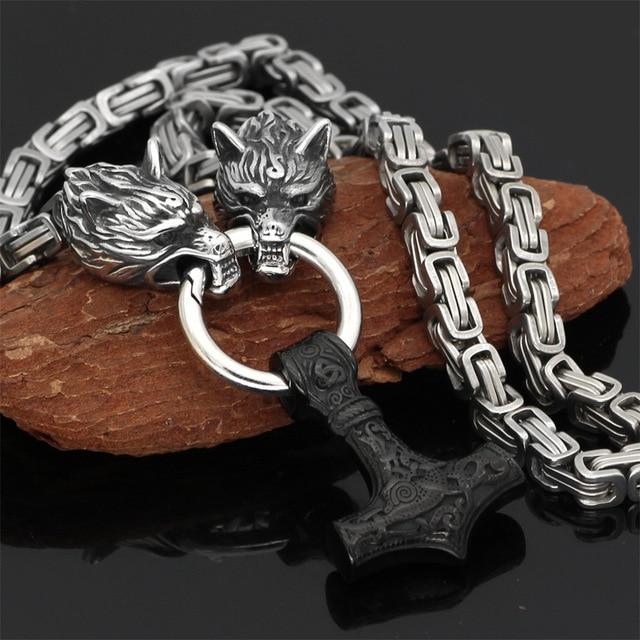 Stainless Steel Double Wolf Head & Mjolnir Survival Spirit Necklace or Bracelet