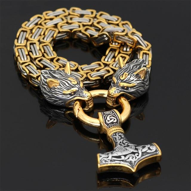 Stainless Steel Double Wolf Head & Mjolnir Survival Spirit Necklace or Bracelet