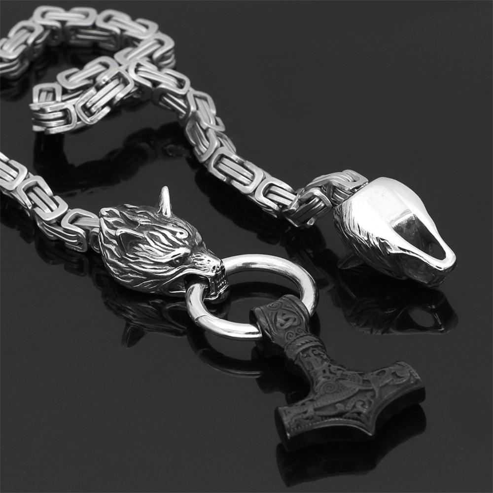 Stainless Steel Double Wolf Head & Mjolnir Survival Spirit Necklace or Bracelet