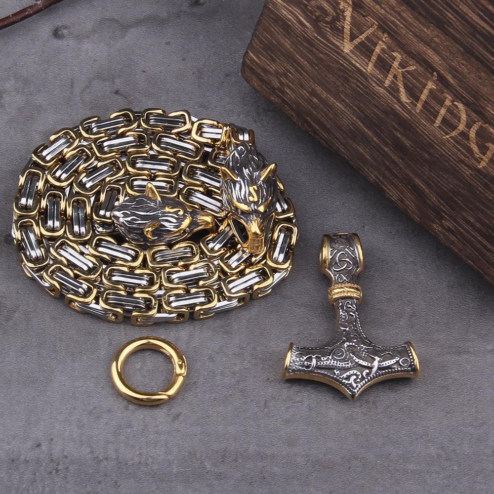 Stainless Steel Double Wolf Head & Mjolnir Survival Spirit Necklace or Bracelet