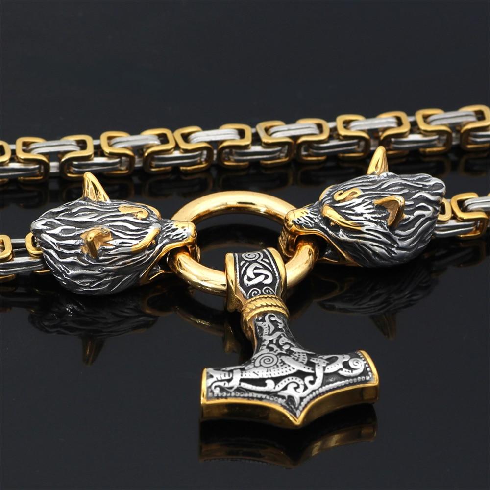 Stainless Steel Double Wolf Head & Mjolnir Survival Spirit Necklace or Bracelet
