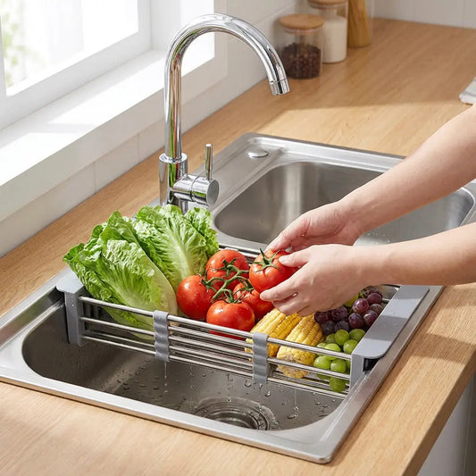 Stainless Steel Expandable Over-the-Sink Dish Drying Rack for Dishes, Fruit and Vegetables