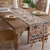 Tapestry Table Runner with Floral Bird Motif and Tassels