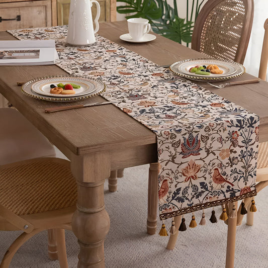 Tapestry Table Runner with Floral Bird Motif and Tassels