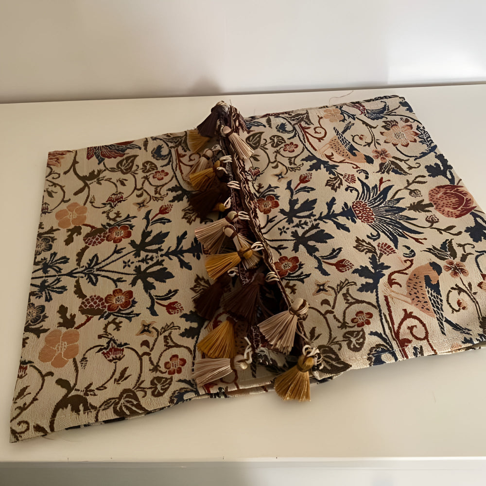 Tapestry Table Runner with Floral Bird Motif and Tassels
