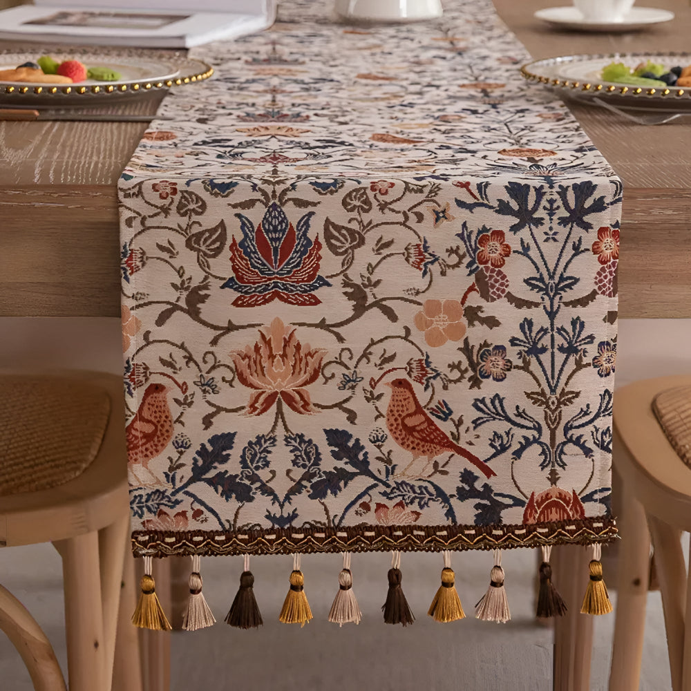 Tapestry Table Runner with Floral Bird Motif and Tassels