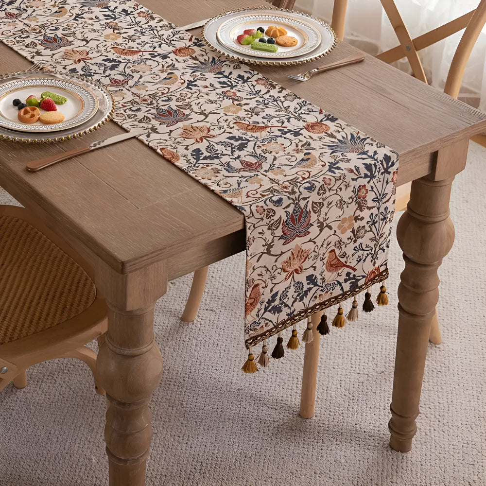 Tapestry Table Runner with Floral Bird Motif and Tassels