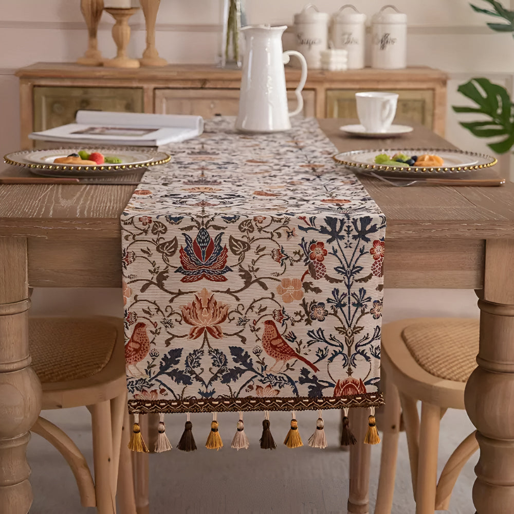 Tapestry Table Runner with Floral Bird Motif and Tassels