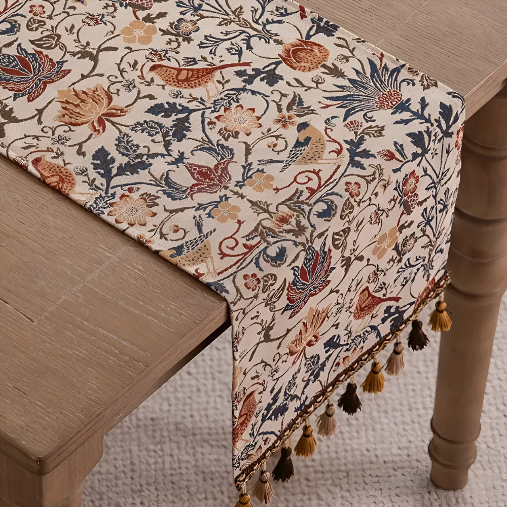 Tapestry Table Runner with Floral Bird Motif and Tassels