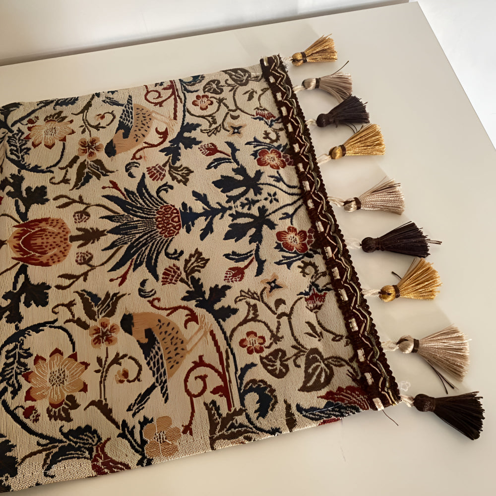 Tapestry Table Runner with Floral Bird Motif and Tassels