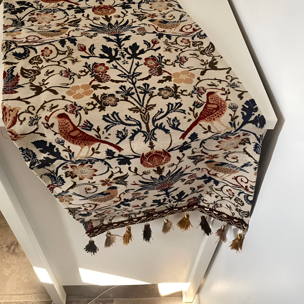 Tapestry Table Runner with Floral Bird Motif and Tassels