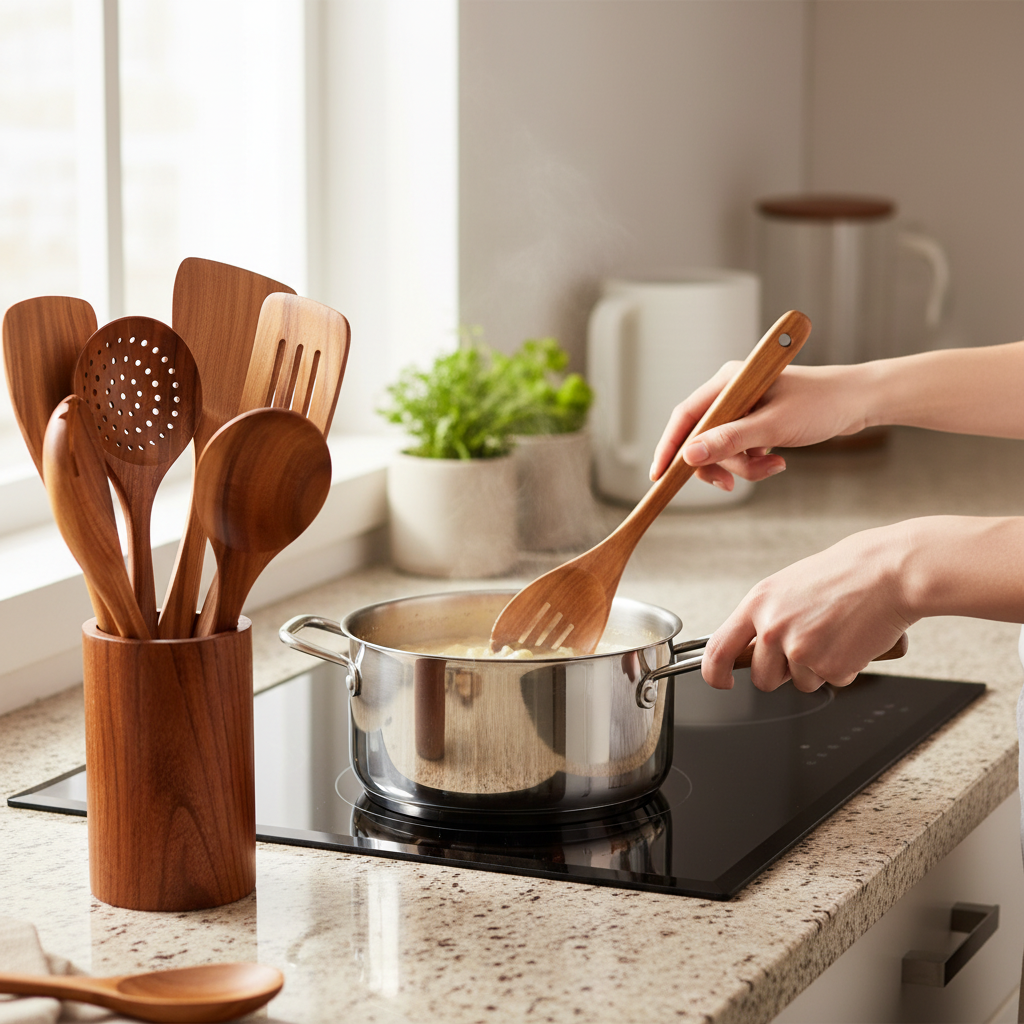 Teak Kitchen Utensil Set with Holder – 9 Pieces