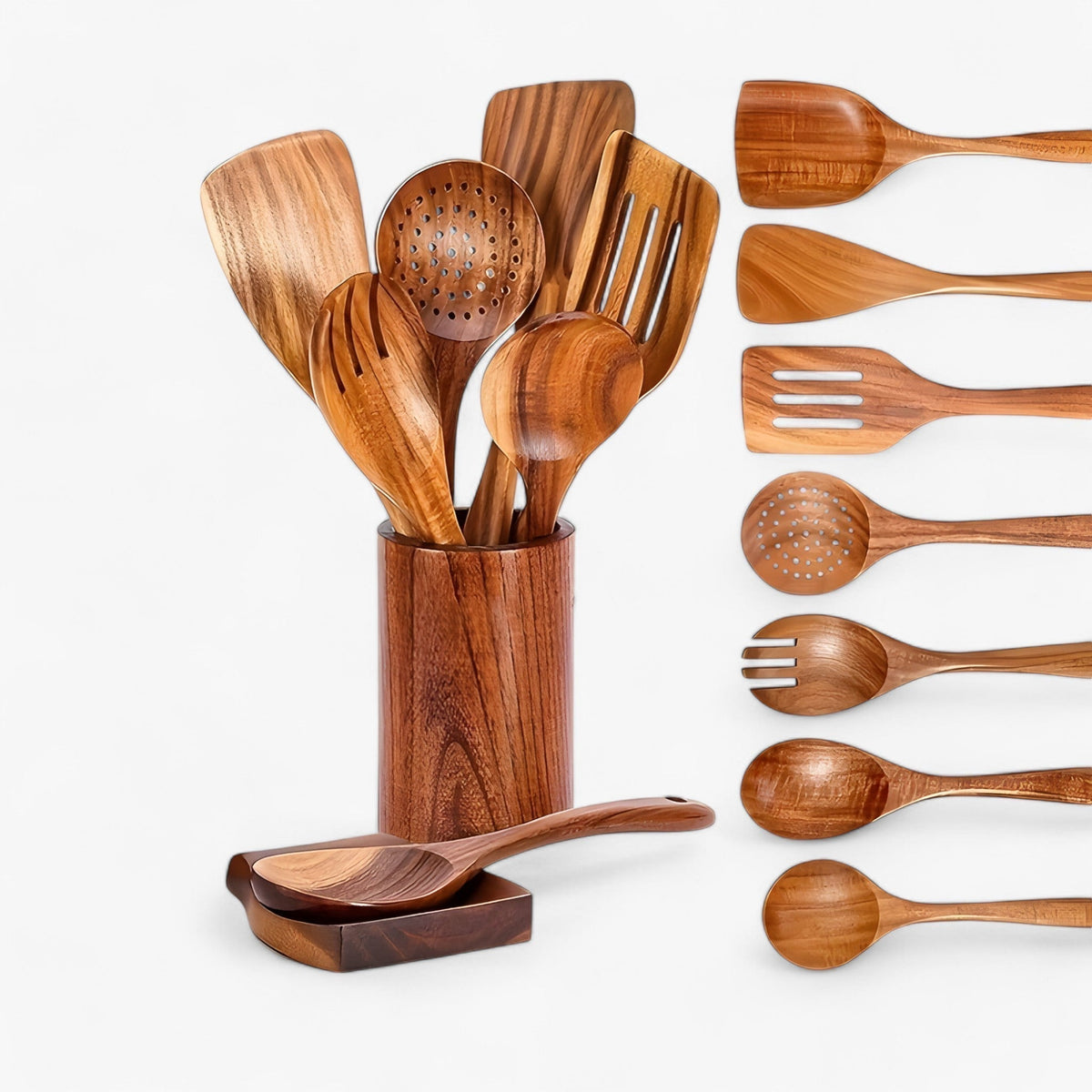 Teak Kitchen Utensil Set with Holder – 9 Pieces