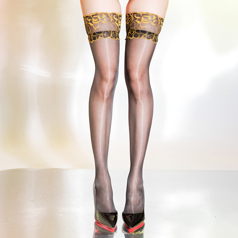 Thigh-High Stockings with Glossy Finish and Lace Trim