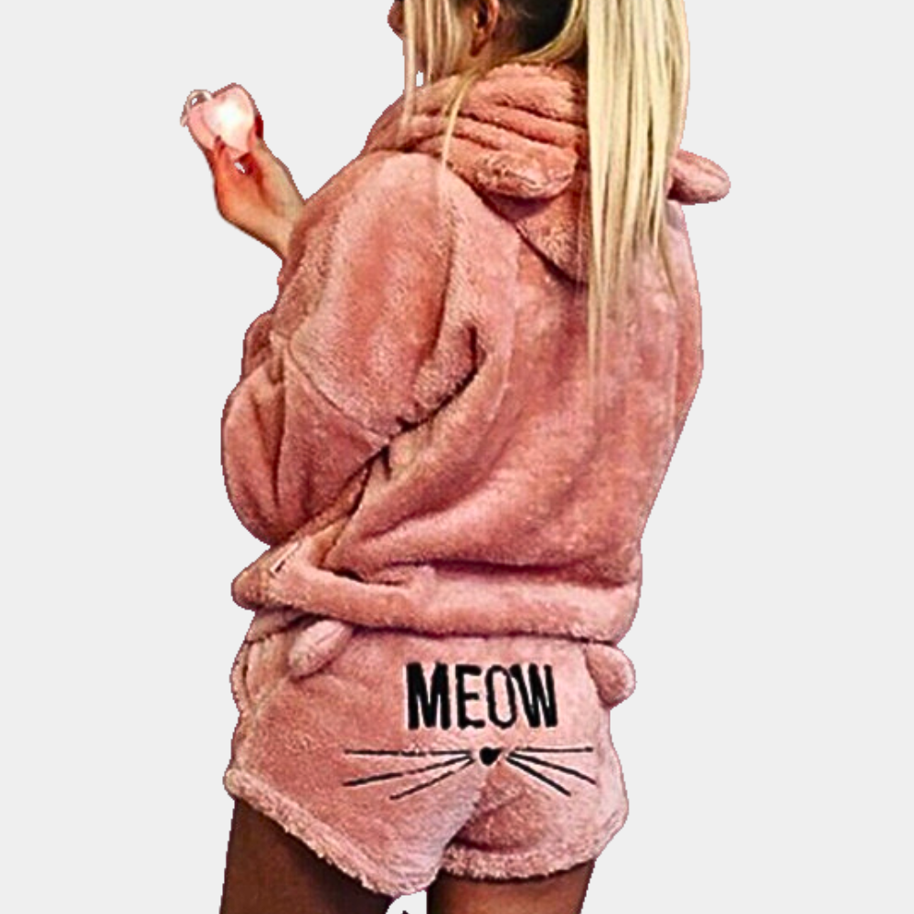 Ultra-Comfortable Fleece Lounge Pyjama Set with Cat Details