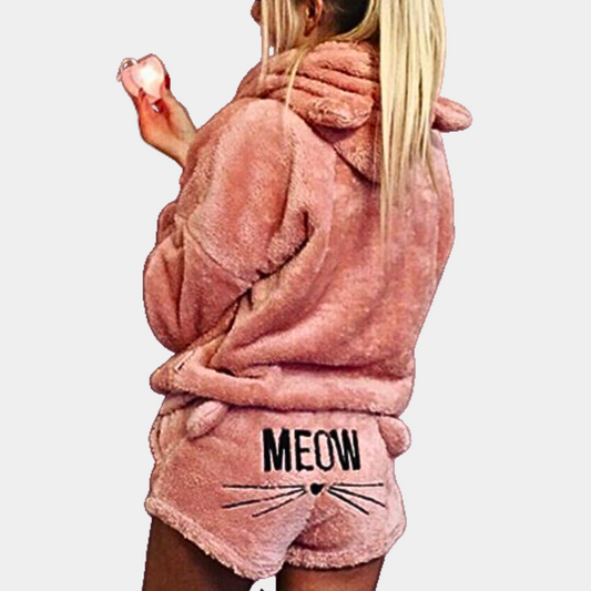 Ultra-Comfortable Fleece Lounge Pyjama Set with Cat Details