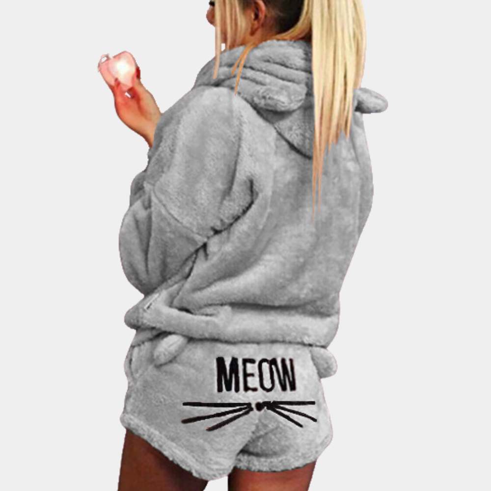 Ultra-Comfortable Fleece Lounge Pyjama Set with Cat Details