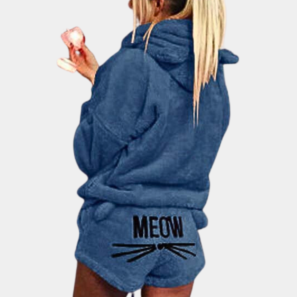 Ultra-Comfortable Fleece Lounge Pyjama Set with Cat Details