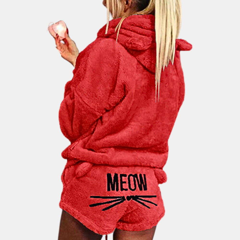 Ultra-Comfortable Fleece Lounge Pyjama Set with Cat Details