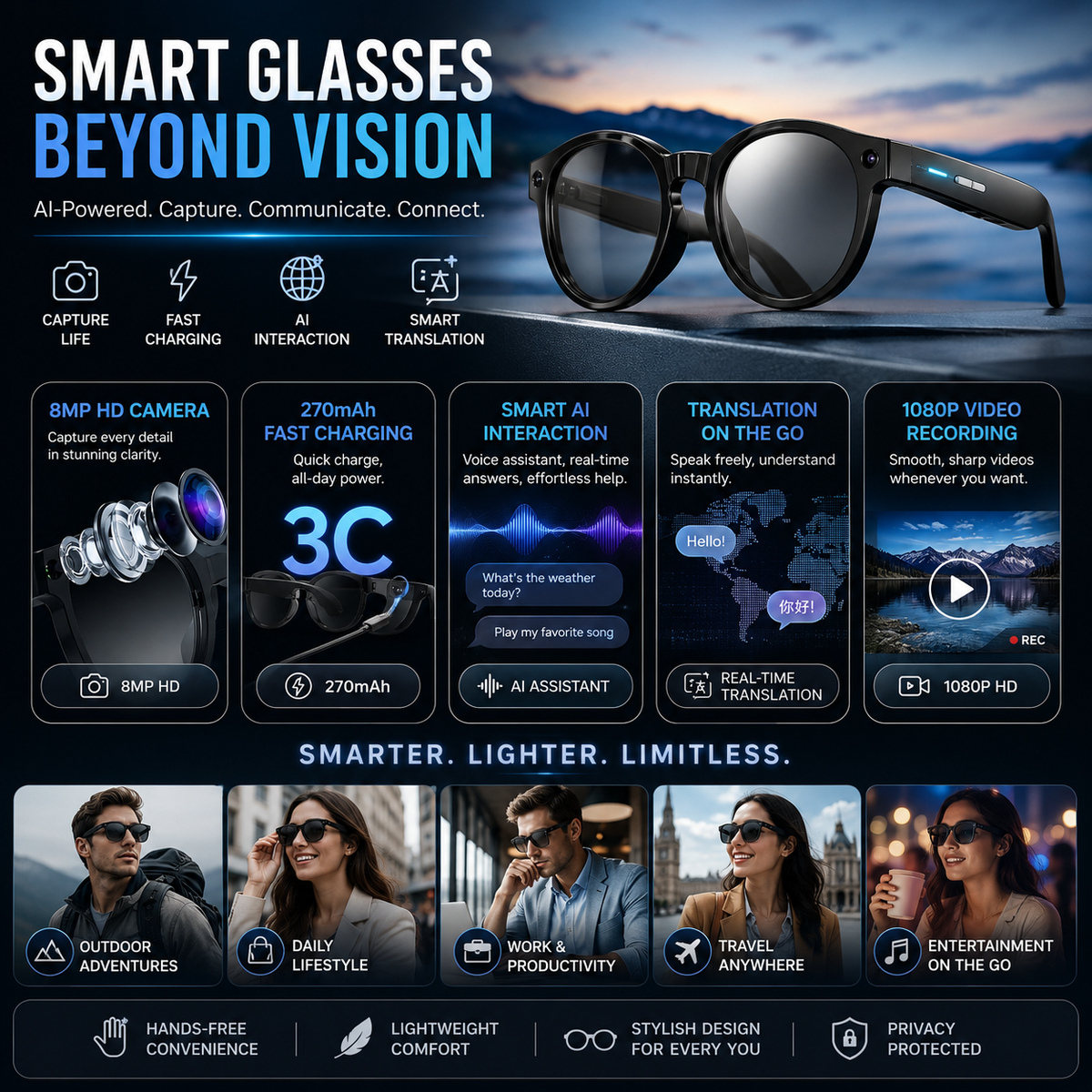 Unisex 4K Video Recording Surveillance Camera Glasses