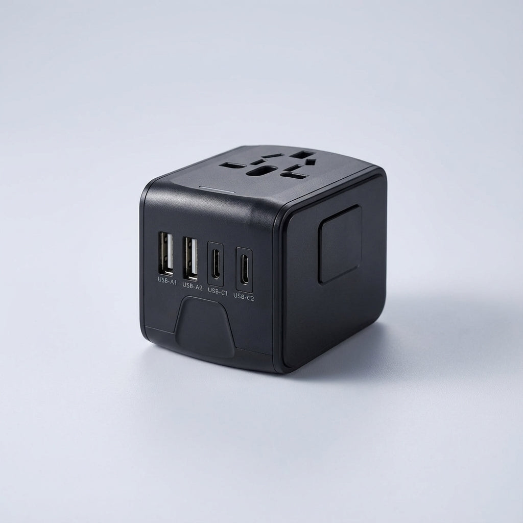 Universal travel adapter with two USB ports and a power outlet for worldwide use – compact multi-device charger