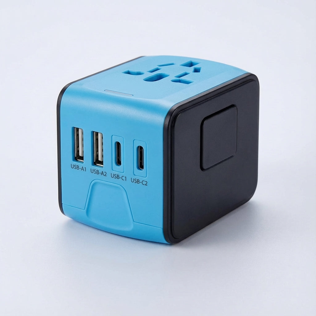 Universal travel adapter with two USB ports and a power outlet for worldwide use – compact multi-device charger