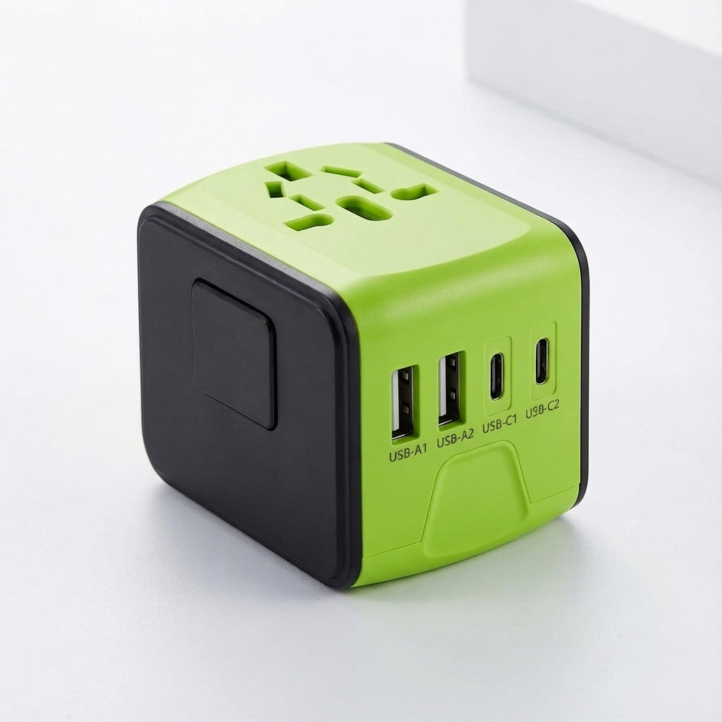 Universal travel adapter with two USB ports and a power outlet for worldwide use – compact multi-device charger