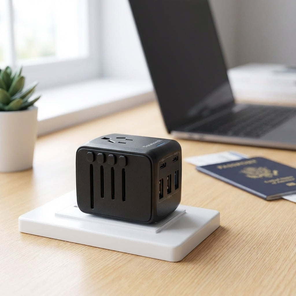 Universal travel adapter with two USB ports and a power outlet for worldwide use – compact multi-device charger