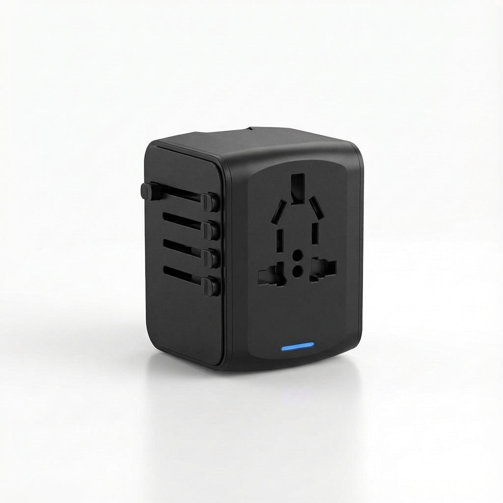 Universal travel adapter with two USB ports and a power outlet for worldwide use – compact multi-device charger
