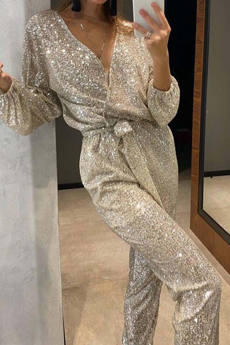 V-Neck Sequin Bandage Jumpsuit