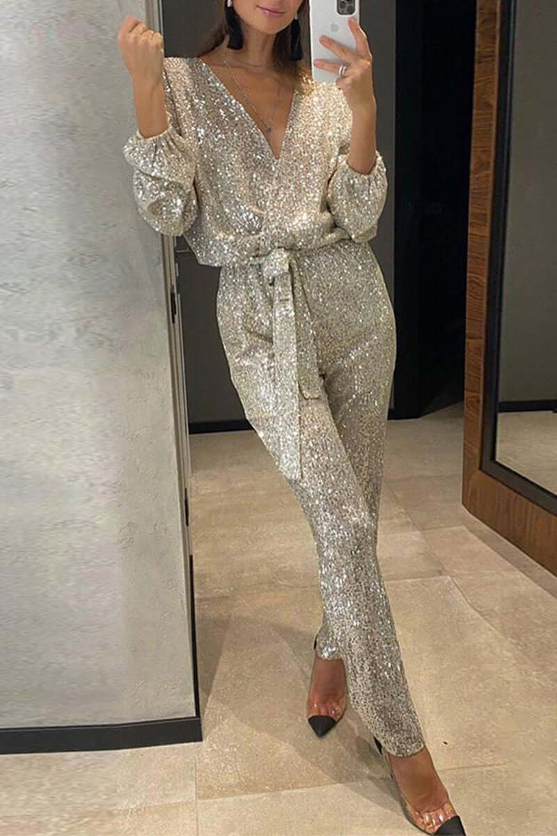 V-Neck Sequin Bandage Jumpsuit
