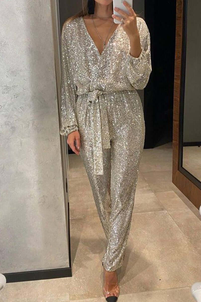 V-Neck Sequin Bandage Jumpsuit